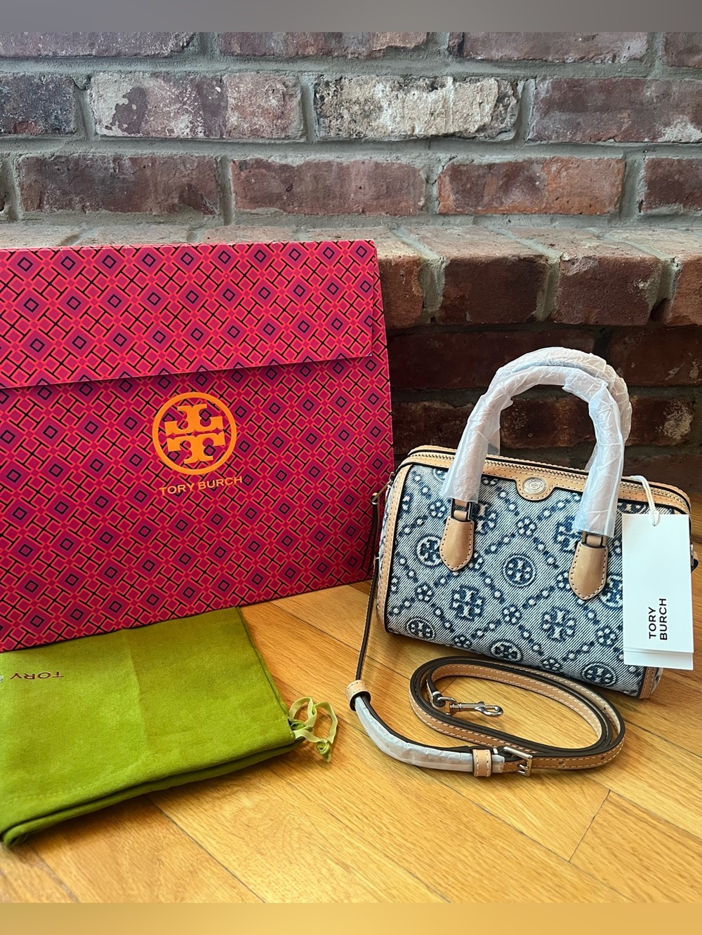 Tory Burch Powder Blue T Monogram Denim Petite Barrel Crossbody Bag
